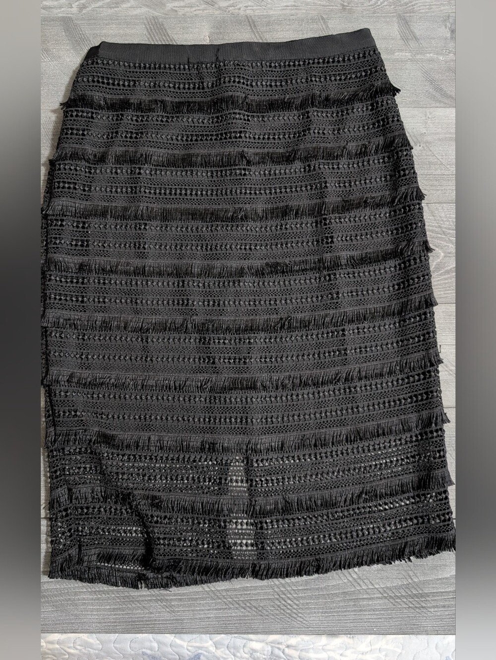 White House Black Market Black Fringe Crochet Pencil Skirt Size 8